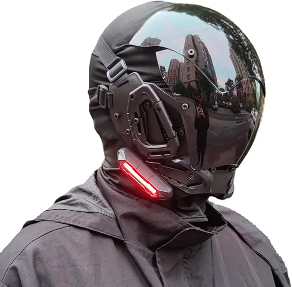 KYEDAY Punk Gothic Cyber Mask for Men,Techwear mask, Halloween Cosplay Costume Accessory with LED Light