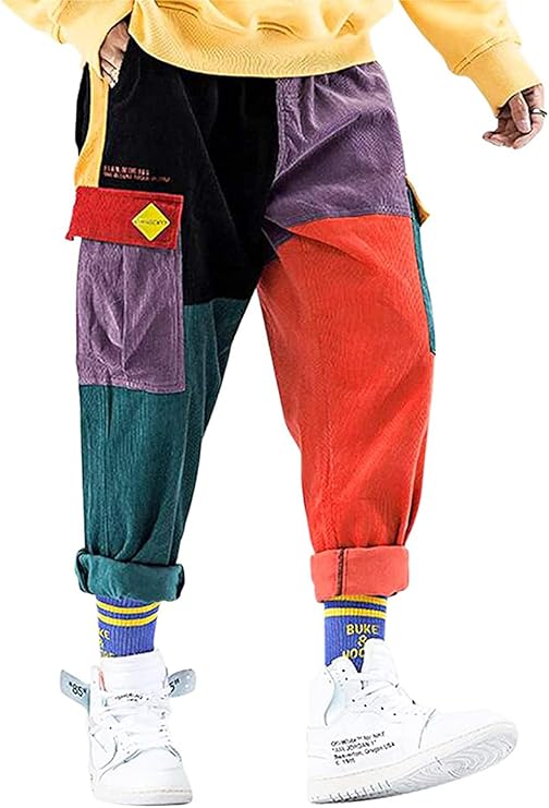 Aelfric Eden Mens Color Patchwork Cargo Pants Multi-Pockets Corduroy Jogger Pants Unisex Casual Vintage Streetwear Trousers