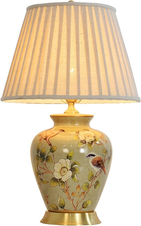 American Flower and Bird Ceramic Table Lamp, Hand-Painted Chinoiserie Lamp, Fabric Lampshade Nightstand Lamp for Bedroom Living Room Office College Bookcase LED Bulbs Included