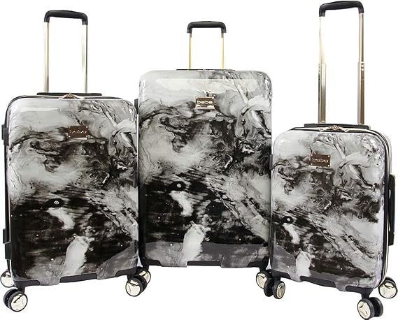BEBE Teresa 3pc Spinner Suitcase Set Luggage Set, Black Marble