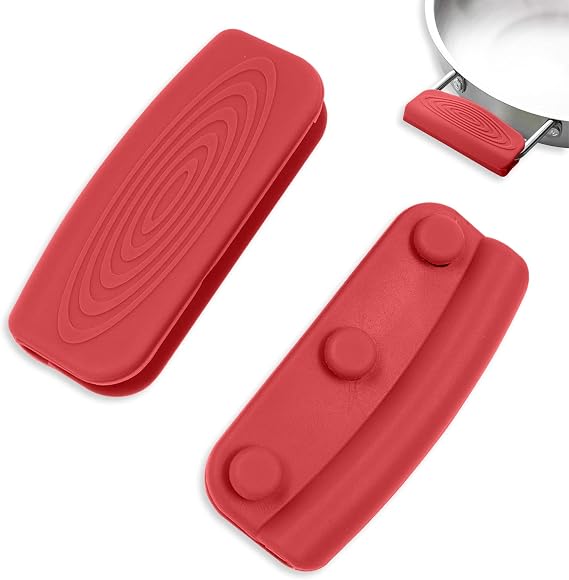 2Pcs Silicone Pot Handle Covers with Buttons, Heat Resistant Cast Iron Pot Assist Handle Covers, Non Slip Silicone Pot Holders, Reusable Hot Pot Grip Handle Sleeves (Red)
