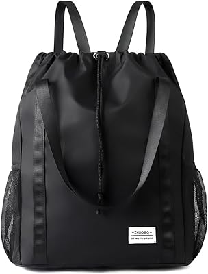 Drawstring Backpack Bag Water-Resistant Large String Cinch Bag with Wet Pocket & Long Handles Gym Bag Sports Beach Sackpack, Black