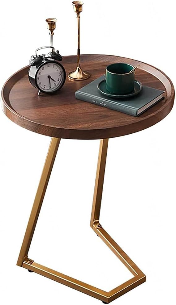 Side Table C Shaped, Round Sofa End Table, Coffee Snack Table Bedside Table for Small Space, Living Room, Bedroom, Wood Look Accent Furniture with Metal Frame,Walnut+Gold-40x40x60cm