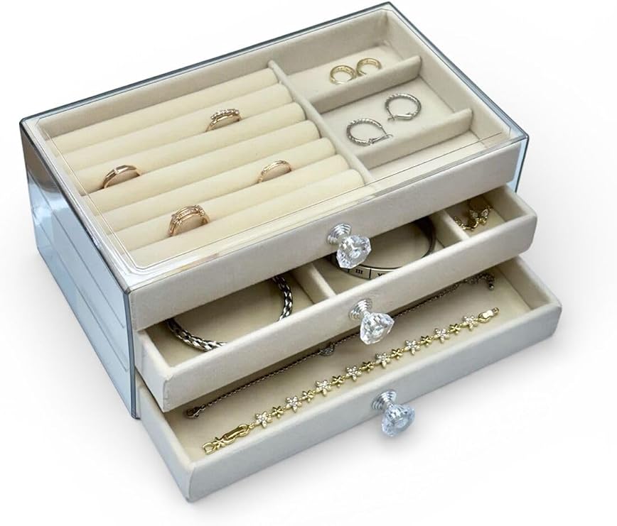 Akyüz Dekor 3 Çekmeceli Takı & Bijuteri Organizer Kutusu 10x23x13 Krem