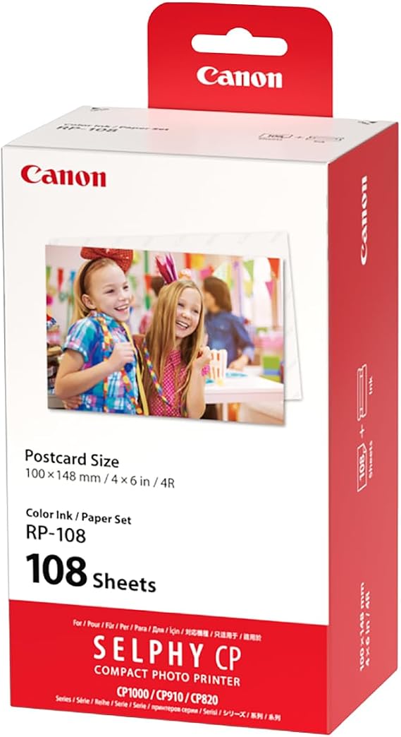 Canon RP-108 Color Ink/Paper Set, Compatible with Selphy CP910/CP820/CP1200/CP1300/CP1500 | Genuine Canon Rp-108 Ink and 4x6 Paper Set, Includes Ink Cassettes, Fits Selphy Cp Series Printers