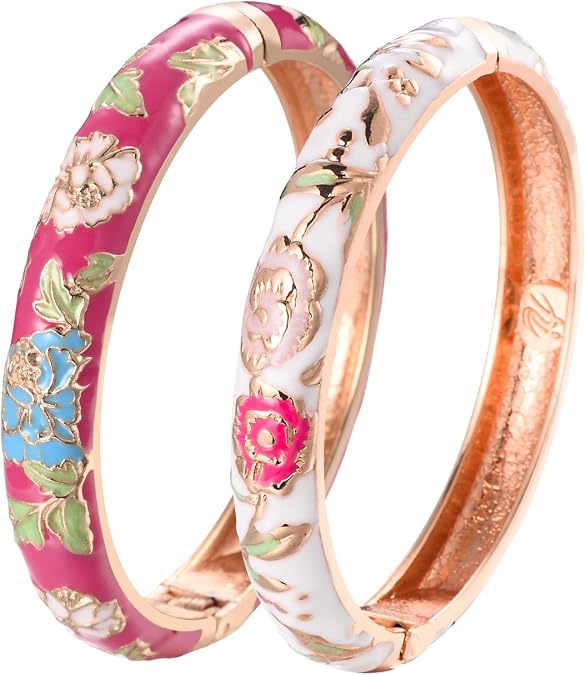 UJOY Vintage Bracelet Plated Enameled Jewelry Spring Hinge Metal Cuff Cloisonne Bangles Set Gift Box Packed 55A