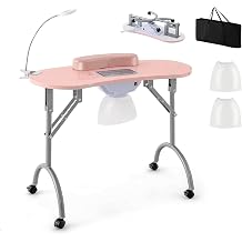 GOFLAME Manicure Nail Table, Foldable Nail Technician Desk wElectric Downdraft Vent, Bendable LED Lamp, Removable Armrest Pad, Dust Bag, Manicure Table with Lockable Wheels for Home, Salon, Pink