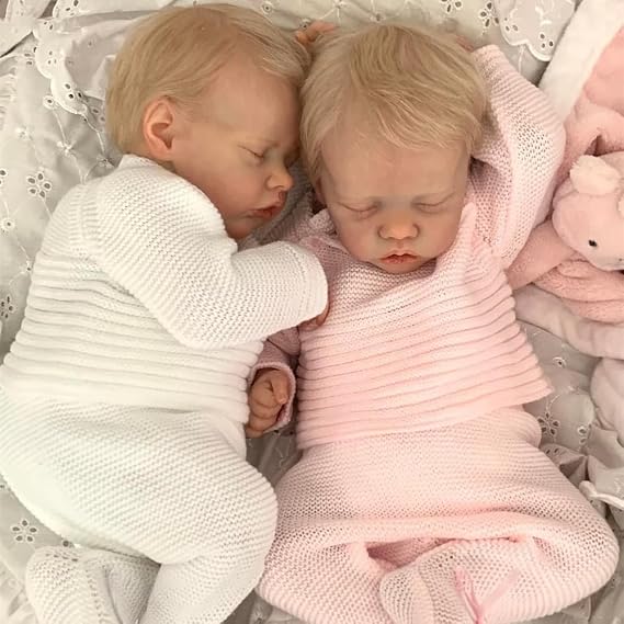Reborn Baby Dolls Silicone Full Body Vinyl Twins Boy and Girl 18 Inch Realistic Baby Dolls Blonde Hair Real Life Like Newborn Twins Baby Doll Toy for Kids Gifts