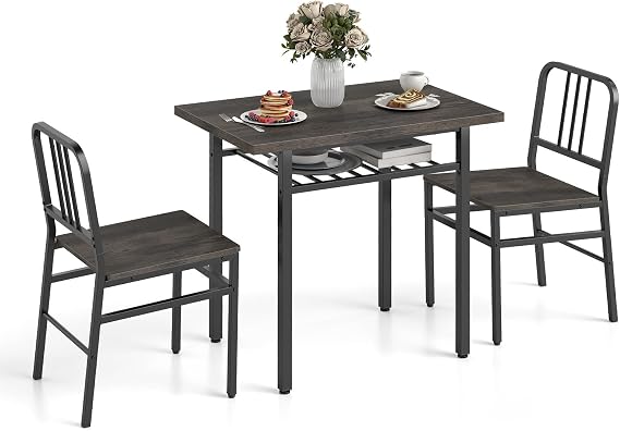 COSTWAY 3 Piece Dining Table Set, Rectangular Breakfast Kitchen Table and Chairs with Storage Rack, Metal Legs & Adjustable Foot Pads, Space Saving Counter Dining Room Set (Gray + Black)