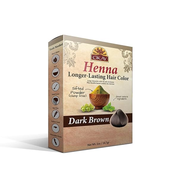 OKAY Henna Longer Lasting Hair Color Dark Brown, Rich Vibrant Color, Gray Coverage, Nourishing Botanical Hair Dye, Soft & Shiny Finish, For All Hair Types, 2 oz