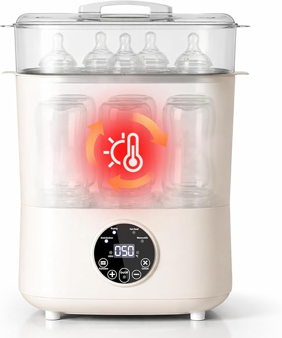 Baby Bottle Steriliser and Dryer, 4-in-1 Steam Steriliser & Dryer for Baby Bottles, Breast Pump Part, Pacifiers, and Utensils, Large Capacity, Double Layer Storage for 5-8 Bottles, Automatic Shut-Off