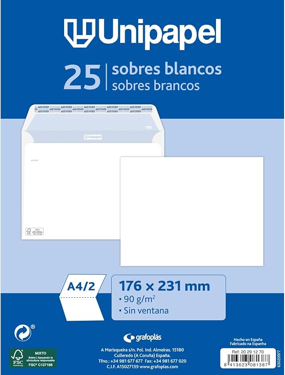 Unipapel Pack of 25 White Paper Envelopes 90 g | 176 x 231 mm | Straight Closure with Autodesk Silicone Self-Adhesive Strip | Easy Opening | FSC Certified | Perfect for A4 Folded Letters in 2 or A5