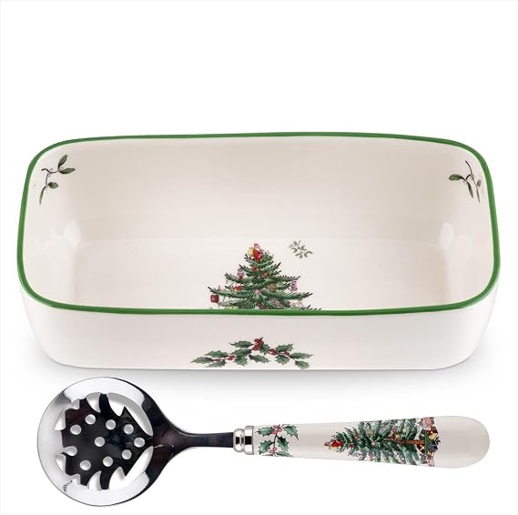 Spode Christmas Tree Cranberry Dish with Slotted Spoon, Set of 2 | 8" x 4.25" Rectangular Porcelain Dish with Stainless Steel Spoon for Sauces, Chutneys & Dips, Microwave & Dishwasher Safe