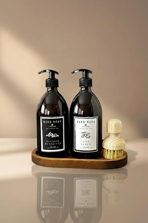 KHAKMA Ahşap Stantlı 2'li Amber Cam Sıvı Sabun Bulaşık Deterjanı Şişesi Sabunluk 500ml STANTLIBHSD
