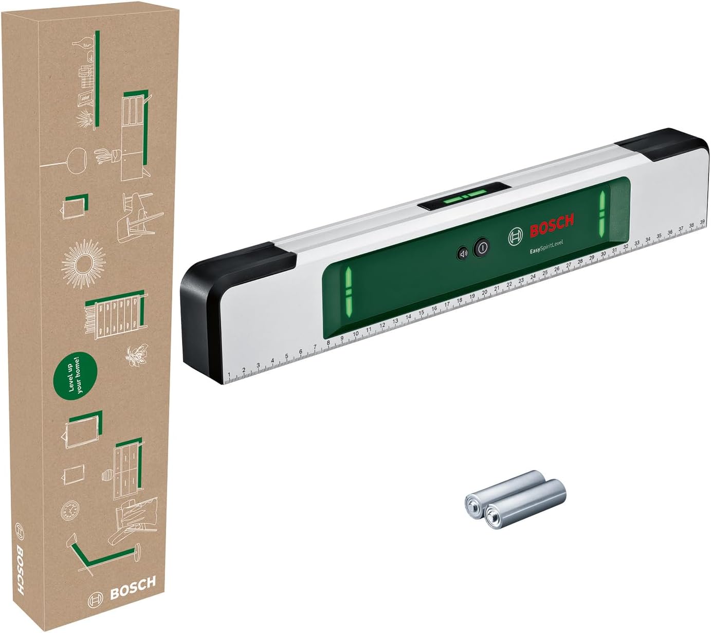 Bosch Home & Garden EasySpiritLevel Water Scale 20s Battery Usage Time, 2 x AA Batteries, Recycled Cardboard Box