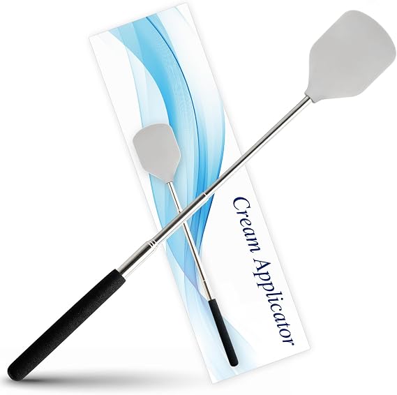 Telescopic Cream Applicator for Back (Large Area) | Wide 3.4 x 2.4in pad covers large areas quickly. Telescopic stainless handle with a washable silicone spatula.