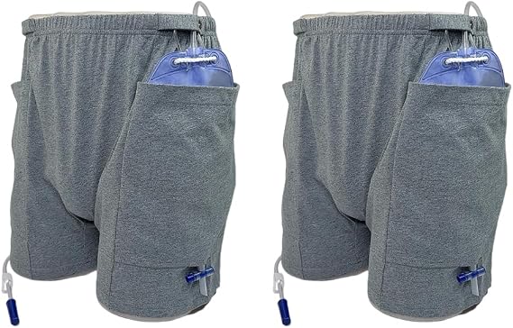 Incontinence Care Trousers 2 Packs, Catheter Leg Bag Shorts, Catheter Supplies Compatible with Foley, Nephrostomy, Biliary Gray