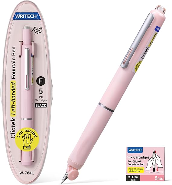 WRITECH Left Handed Fountain Pen: Fine Nib Retractable Black Ink Clictek