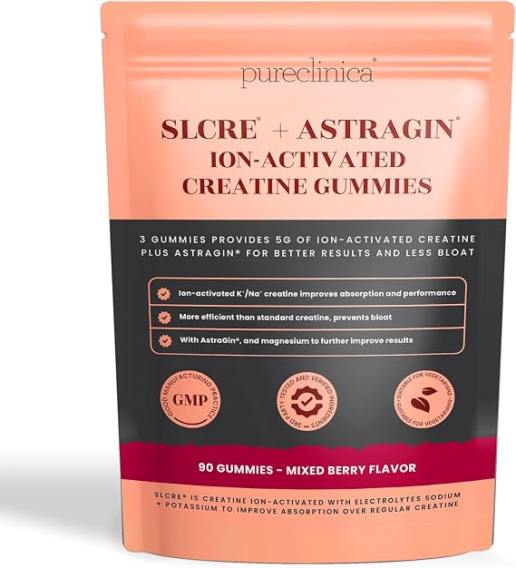 pureclinica 90 x SLCre Creatine Gummies with AstraGin 5g Micronized Creatine Monohydrate per Serving Full Month's Supply Sugar-Free, No Bloat, Delicious Berry Flavor