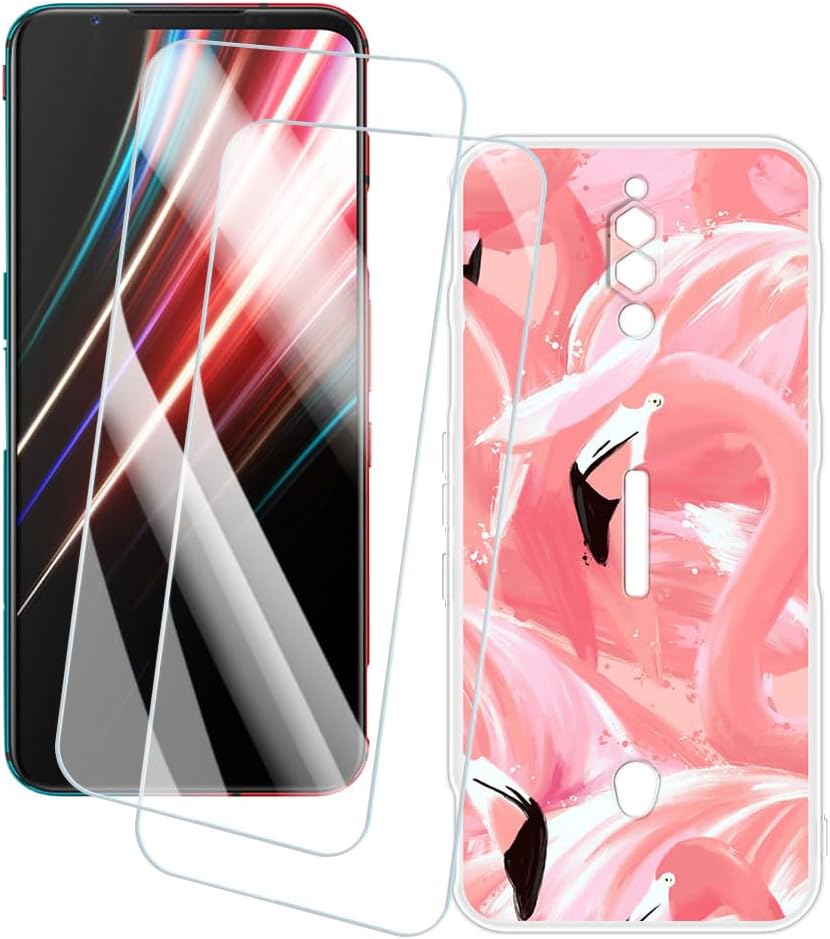 2個セット スクリーンプロテクター + ケース ZTE Nubia Red Magic 5S 6.65 インチ との互換性あり アーティスティックカスタムプリントカバーと強化ガラスフィルム スクラッチ防止 フラミンゴ