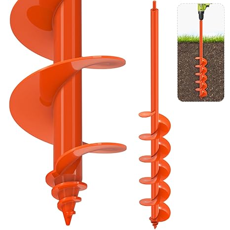 SELEWARE Auger Drill Bit for Planting 4"x32" Drill Auger for 3/8" Hex Drive | Orange Heavy-Duty Steel Garden Auger Drill Bit, Bulb Planter Tool, Auger Post Hole Digger for Bulbs, Flowers, Fence Posts