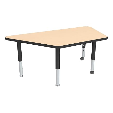 Sprogs Adjustable Height Mobile Classroom Activity Table for Preschools, Trapezoid Preschool Activity Table with Casters, 30" L x 60" W x 23" H, Maple/Black