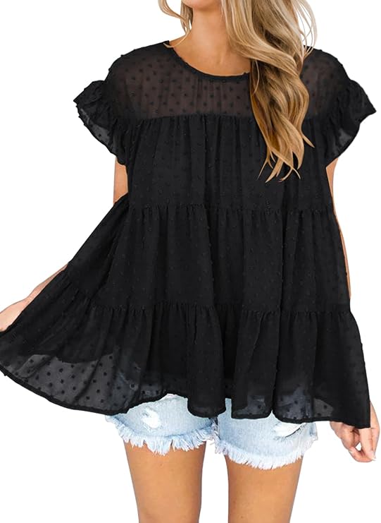 DOROSE Women's Babydoll Tops Swiss Dot Ruffle Sleeve Tiered Flowy Blouses Dressy Casual Summer Shirts