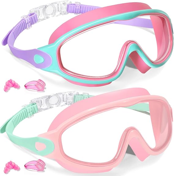 Keary 2 Pack Kids Swim Goggles Wide View Anti-Fog & UV Girls Boys 3-15
