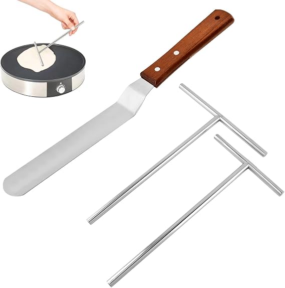 Crepe Spreader and Spatula Kit,12.6'' Stainless Steel Crepe Spreader Tool | Wood Handle Spatula Turner,5"/7" T-Shaped Batter Spreaders,Pancake Crepes Sticks Tool,Fit any Crepe Pan Maker,Easy to Use