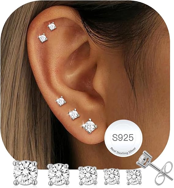 AVOTTO 5 Pairs Sterling Silver Studs Earrings for Women Set Hypoallergenic Gold Studs Earrings Small Silver Stud Earring for Multiple Piercings Jewellery Gifts
