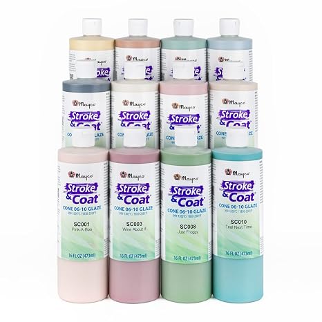 Mayco Stroke & Coat Wonderglaze Glaze Set B, Assorted Colors, Set of 12 Pints - SCKT2P | Versitile Glaze for Wet Clay and Earthenware or Stoneware Bisque, Wide Firing Temperature Range