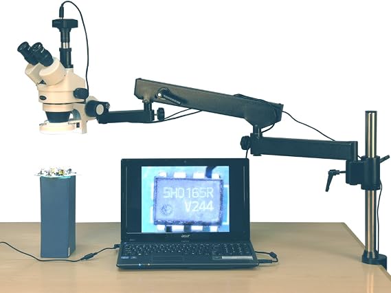 AmScope SM-8TZ-144S-10M Digital Professional Trinocular Stereo Zoom Microscope, WH10x Eyepieces, 3.5X-90X Magnification, 0.7X-4.5X Zoom Objective, 144-Bulb LED Ring Light, Articulating-Arm Boom Stand, 110V-240V, Includes 0.5x and 2.0x Barlow Lenses and 10MP Camera with Reduction Lens and Software
