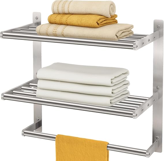 Bethom Bathroom Towel Rack with Bars, 16 Inch Towel Shelf, Brushed Nickel