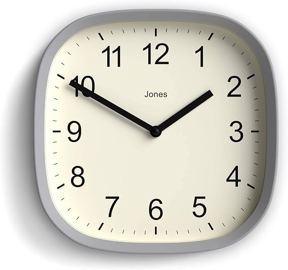 JONES CLOCKS Sprite wall Clock | Modern Retro Rounded Square Clock | 10" | Gray | Easy to Read Numbers | Perfect for Kitchen or Office