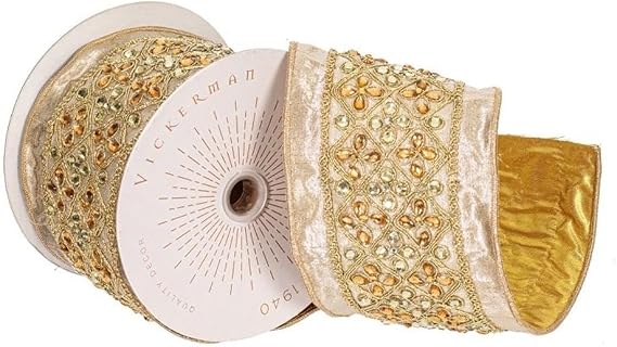 Vickerman 4" x 5 Yards Champagne-Silver-Gold Jeweled Wired Edge Christmas Ribbon.