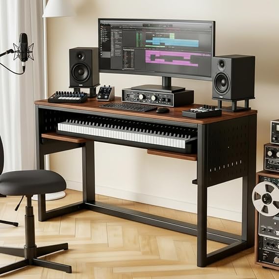 88 Key Music Studio Desk, 56.3'' Recording Desk with Sliding Keyboard Tray