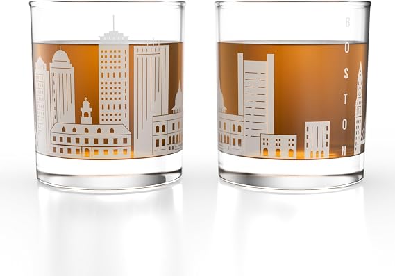 Greenline Goods Boston, MA Skyline Whiskey Glasses (Set of 2), 10 oz Rocks/Old Fashioned Tumblers