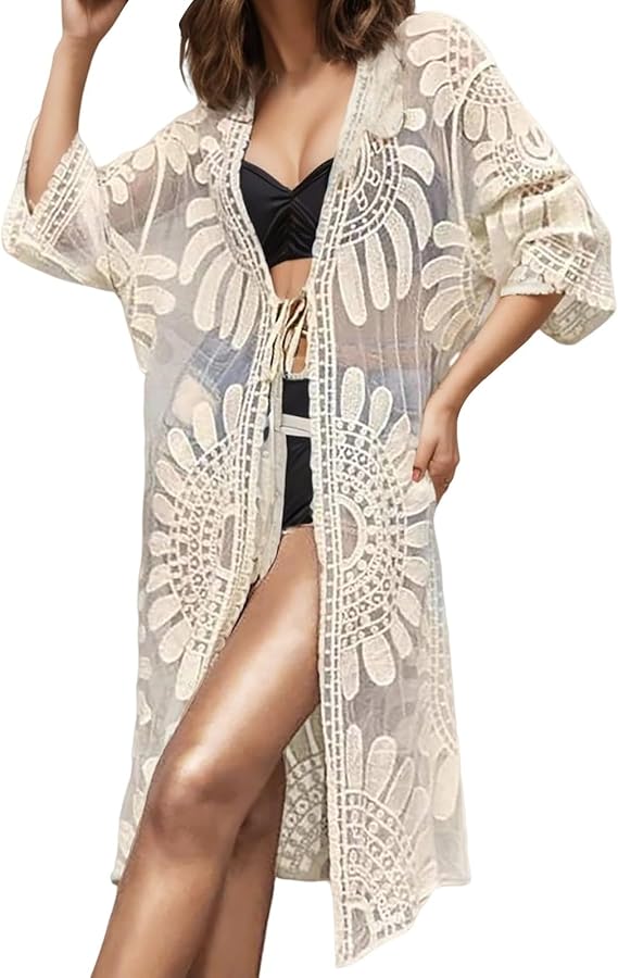 Beach Cover Up Women's Lace Floral Dress Loose Kaftan Boho Roomy Kimono Bikini Wrap