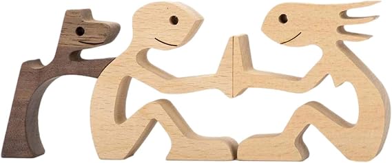 Wooden Dog Cat Family Statue, Puppy Wooden Carving Ornaments, Pet Lover Gift Wood Sculpture for Home Office Living RoomDesktop Men Women Boys and Girls Old People Creative Gifts (A)