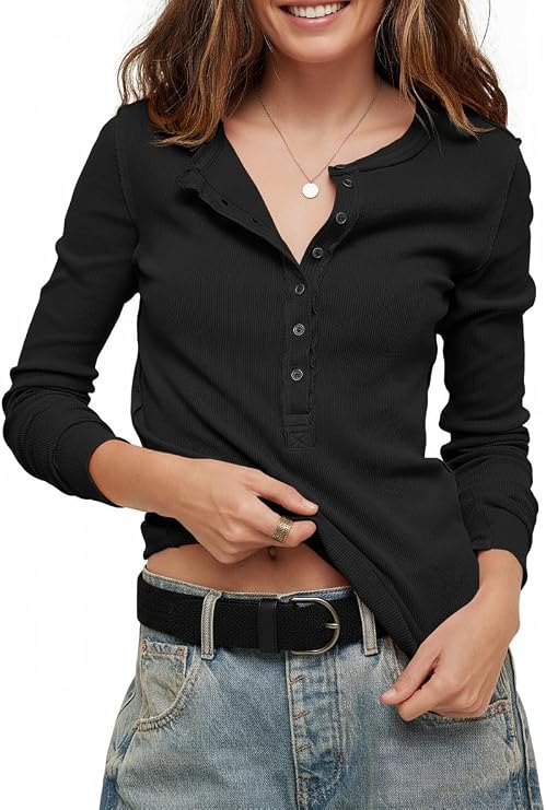Womens Henley Shirts Ribbed Knit Long Sleeve Fall Casual Button Up T-Shirts