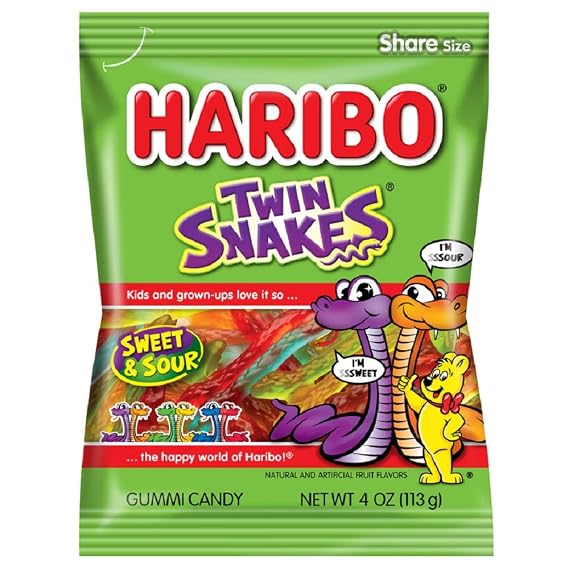 HARIBO Twin Snakes Sweet & Sour Gummy Candy, 4 oz. Bag (Pack of 12) | Sweet and sour twin gummy snakes in cherry, orange, apple, lemon, blueberry, and blackcurrant. Pull apart or eat whole!