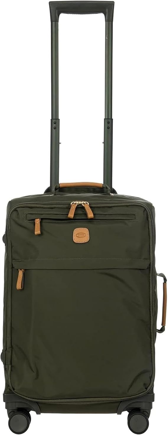 Bric's X-Travel 21 Carry-On Spinner Airline Approved Luxury Softside Luggage with 360 Wheels, Recycled Water-Resistant Fabric, Interior Pockets, and Leather Details Olive