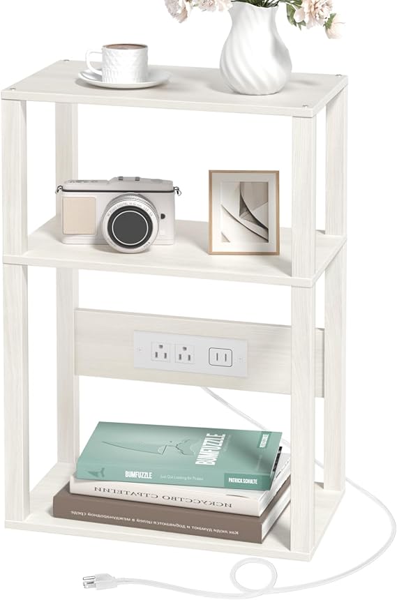 YUFAM 3-Tier Narrow Bedside Table with Charging Station, Skinny Nightstand