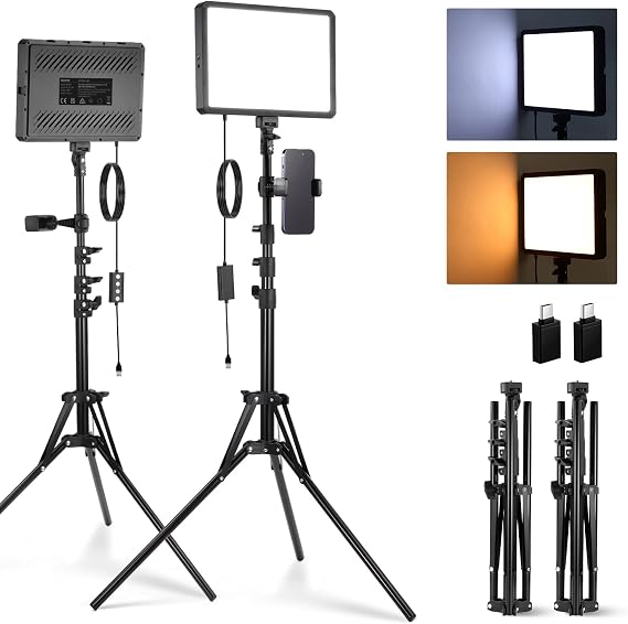 NEEWER Basics 2Pcs LED Video Light Panel with 59'' Tripod Stands/Phone Holders, 2700-6500K 850Lux Dimmable Plastic Studio Lighting for Photography Filming Recording Live Streaming, No Adapter, BP300