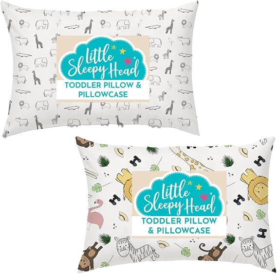 Little Sleepy Head Toddler Pillow with Pillowcase (Animal Adventure) and Toddler Pillow with Pillowcase (Safari) Bundle