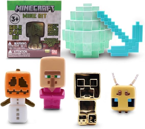 Minecraft Mine Kit Dig Your Own Mystery Block with MiniFigure, Iron Pickaxe, WaterSoak Mining Activity, Collectible GoldPlated Creeper (1in48), Gift for Kids 3+