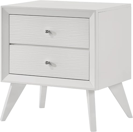 Benzara Tory Nightstand, 2 Drawers, White Solid Wood, Bronze Round Knobs