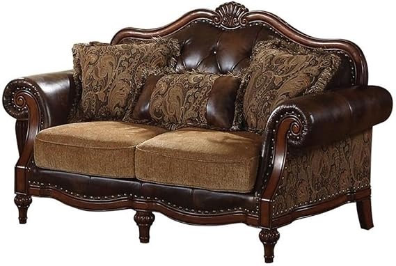 ACME FURNITURE Dreena Loveseat - Traditional Brown PU & Chenille Sofa | Button Tufted | Cozy Living Room Couch with Plush Comfort