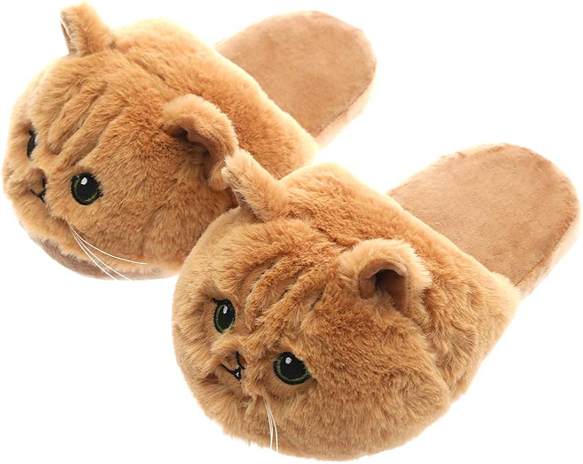 Millffy Unisex Kids Girls 3D Big Head Realistic Kitty Cat Womens Tabby cat Plush Fuzzy Slippers Ladies House Slippers