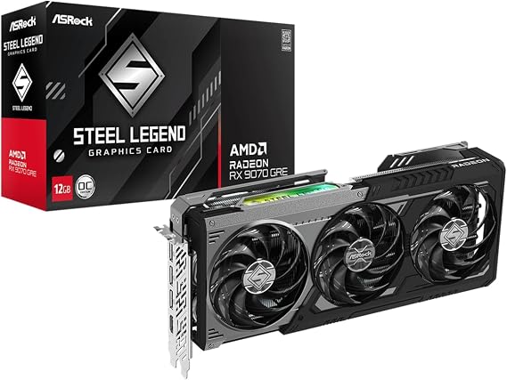 ASRock Radeon RX 9070 GRE Steel Legend Dark 12GB OC, AMD RDNA 4, 12GB GDDR6, PCIe 5.0, 3X Fans, 0dB Silent, Polychrome SYNC, 2920MHz Boost